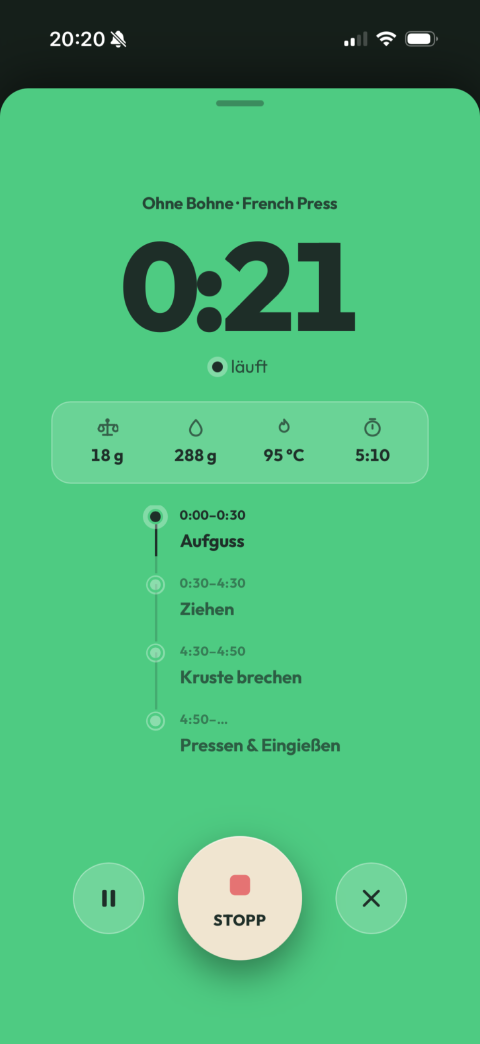 Brühmeister-App Screenshot: laufender French-Press-Brüh-Timer mit Schritt-Timeline Aufguss, Ziehen, Kruste brechen und Pressen