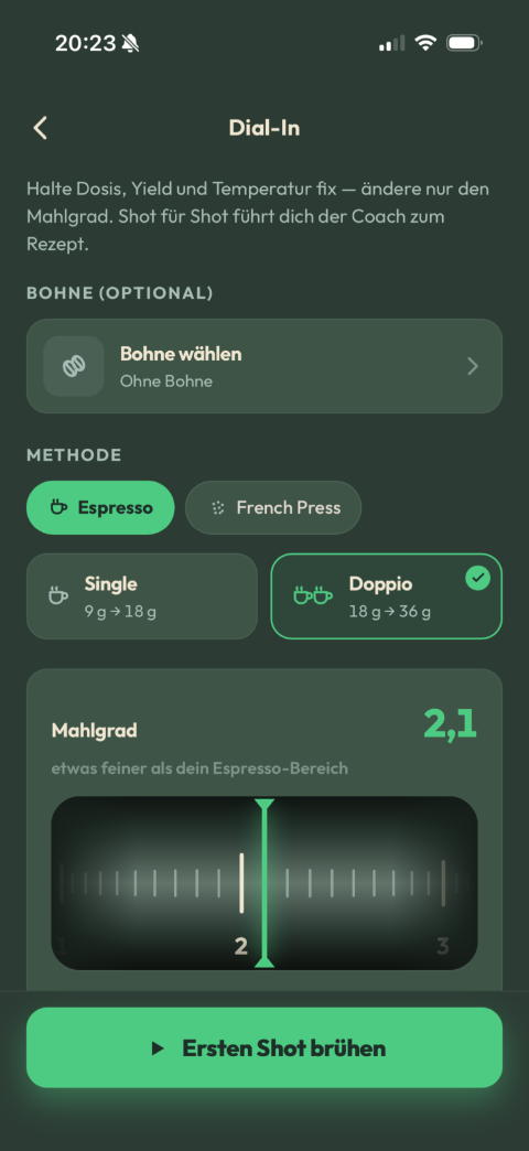Brühmeister-App Screenshot: Dial-In-Assistent mit Mahlgrad-Rad für Espresso