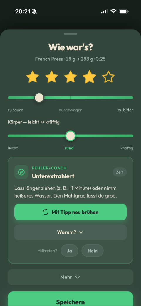 Brühmeister-App Screenshot: Bewertung mit Fehler-Coach, der eine konkrete Stellschraube vorschlägt