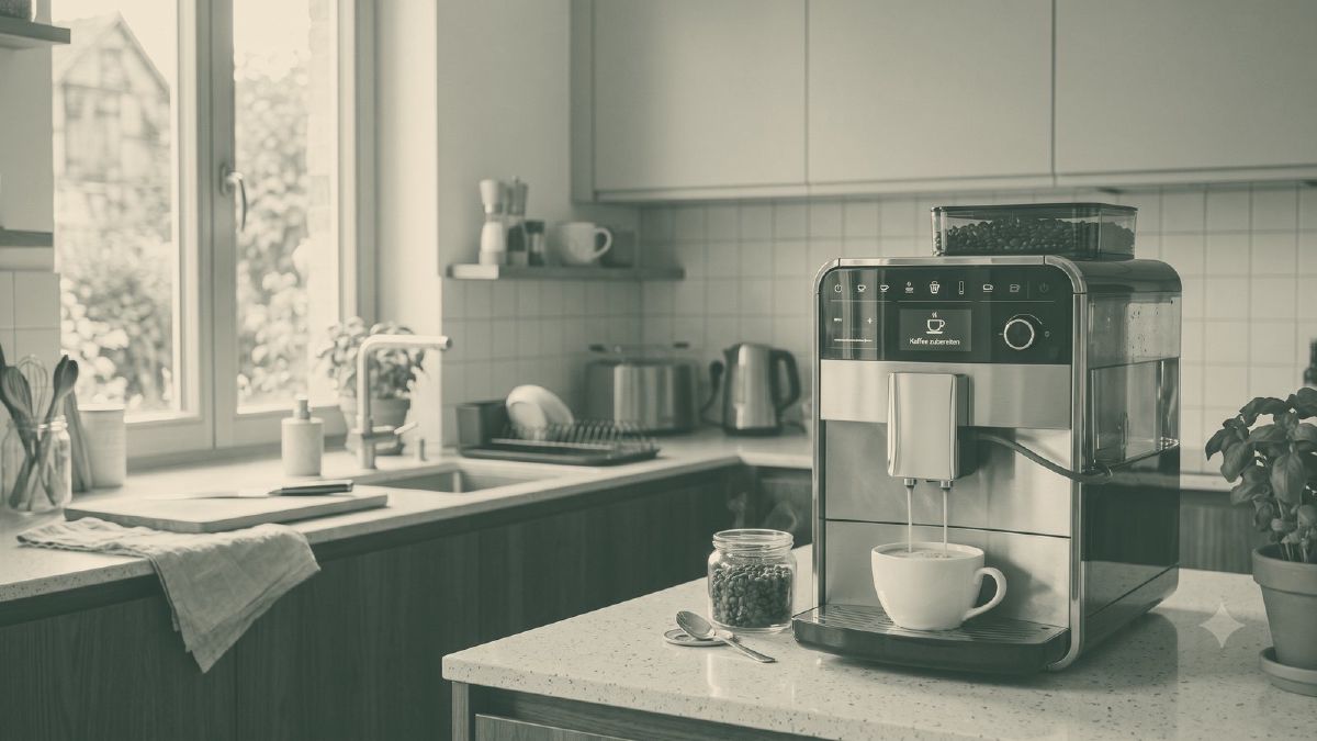 Kaffeevollautomat mit gefülltem Bohnenbehälter brüht Espresso in eine Tasse